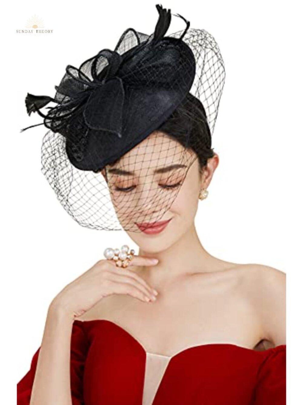 Derby Fascinator Hat with Feather Veil & Pillbox Mesh Net for Tea Party